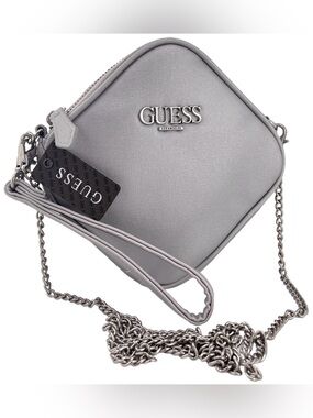 GUESS Light Gray Saffiano Crossbody Bag with Silver Chain